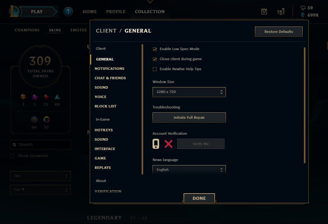 Legend client. League of Legends settings General.